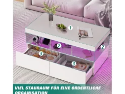 Mesa de centro inteligente con LED RGB: dos cajones, regulador de intensidad controlado por app, acabado brillante e impermeable, compatible con música.