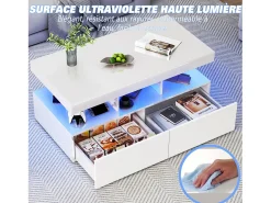 Mesa de centro inteligente con LED RGB: dos cajones, regulador de intensidad controlado por app, acabado brillante e impermeable, compatible con música.