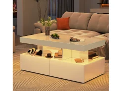 Mesa de centro inteligente con LED RGB: dos cajones, regulador de intensidad controlado por app, acabado brillante e impermeable, compatible con música.