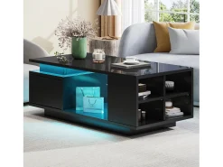 Mesa de centro lacada - 100 x 50 x 36 cm - con cajón + LED + 4 compartimentos de almacenamiento - aglomerado - negro