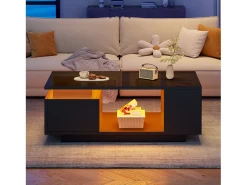Mesa de centro lacada - 100 x 50 x 36 cm - con cajón + LED + 4 compartimentos de almacenamiento - aglomerado - negro