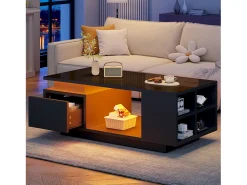 Mesa de centro lacada - 100 x 50 x 36 cm - con cajón + LED + 4 compartimentos de almacenamiento - aglomerado - negro
