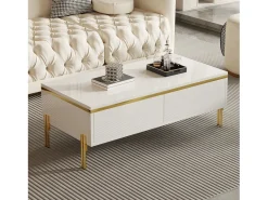 Mesa de centro lacada brillante 100x50x36 cm - 2 cajones - Patas de metal - Tableros de partículas - Blanco