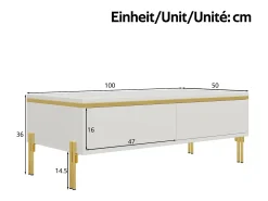 Mesa de centro lacada brillante 100x50x36 cm - 2 cajones - Patas de metal - Tableros de partículas - Blanco