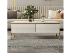 Mesa de centro lacada brillante 100x50x36 cm - 2 cajones - Patas de metal - Tableros de partículas - Blanco