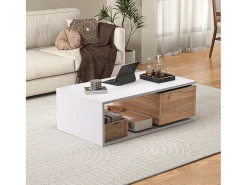 Mesa de centro lacada en alto brillo - 90 x 50 x 30 cm - con 1 cajón giratorio 360° + espacio de almacenamiento abierto - MDF - blanco y natural
