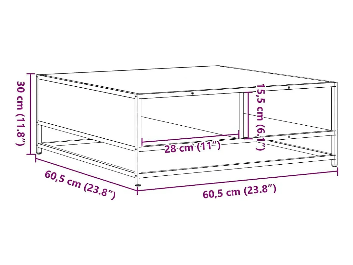 Mesa de centro madera ingeniería y metal marrón 60,5x60,5x30 cm
