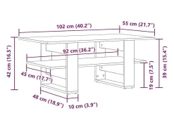 Mesa de centro madera ingeniería roble artesanal 102x55x42cm