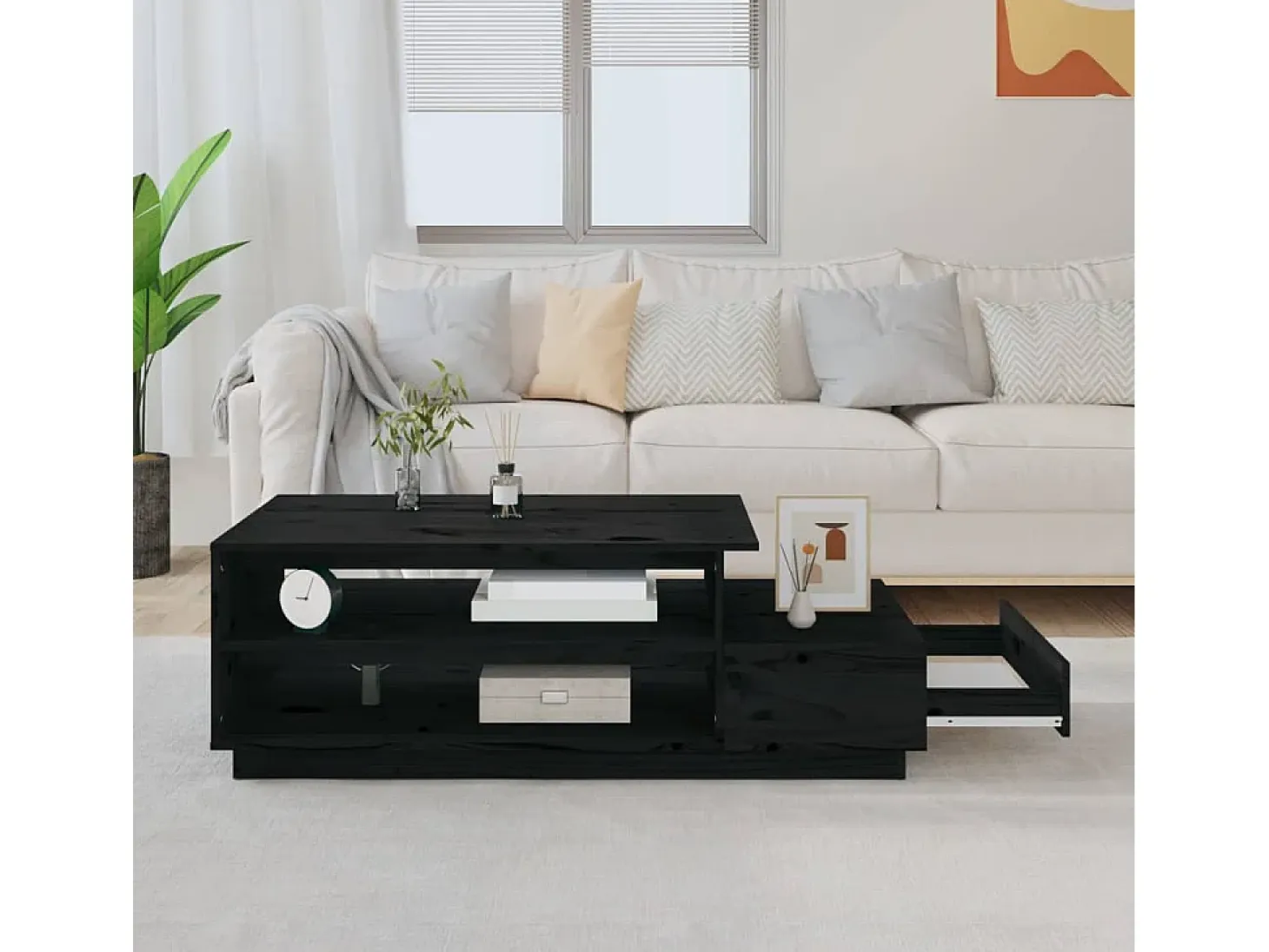 Mesa de centro madera maciza de pino negro 120x50x40,5 cm