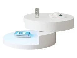 Mesa de centro moderna - 70 x 70 x 35,5 cm - Mesa giratoria 360° - con LED + almacenamiento - MDF - blanco