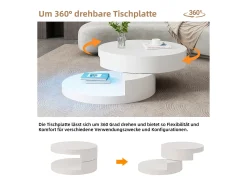 Mesa de centro moderna - 70 x 70 x 35,5 cm - Mesa giratoria 360° - con LED + almacenamiento - MDF - blanco