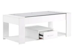 Mesa de centro moderna con cristal, almacenaje y cajones, aglomerado, blanco (100x50x40 cm)