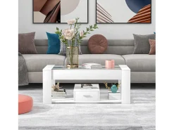 Mesa de centro moderna con cristal, almacenaje y cajones, aglomerado, blanco (100x50x40 cm)