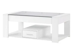 Mesa de centro moderna con cristal, almacenaje y cajones, aglomerado, blanco (100x50x40 cm)