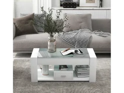 Mesa de centro moderna con cristal, almacenaje y cajones, aglomerado, blanco (100x50x40 cm)