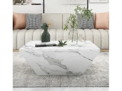 Mesa de centro moderna con 2 cajones en chapa de mármol blanco, forma trapezoidal