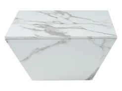 Mesa de centro moderna con 2 cajones en chapa de mármol blanco, forma trapezoidal