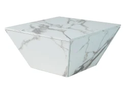 Mesa de centro moderna con 2 cajones en chapa de mármol blanco, forma trapezoidal