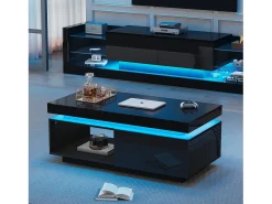 Mesa de centro moderna con 1 puerta y 1 compartimento abierto - 100 x 50 x 40,3 cm - LED - Tablero de partículas - Negro brillante