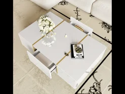 Mesa de centro moderna con 2 cajones - 100 L x 60 W x 41,5 H cm - Madera MDF - Blanco brillante