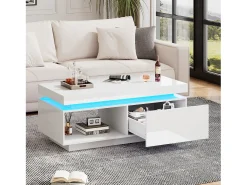 Mesa de centro moderna con 1 puerta y 1 compartimento abierto - 100 x 50 x 40,3 cm - LED - Tablero de partículas - Blanco brillante