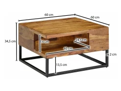 Mesa de Centro Moderna Cuadrada 60x60x34,5 cm Madera Maciza de Sheesham y Metal | Mesa Auxiliar con Estante inferior para Salón | Mesita Café Pequeña para Sofá