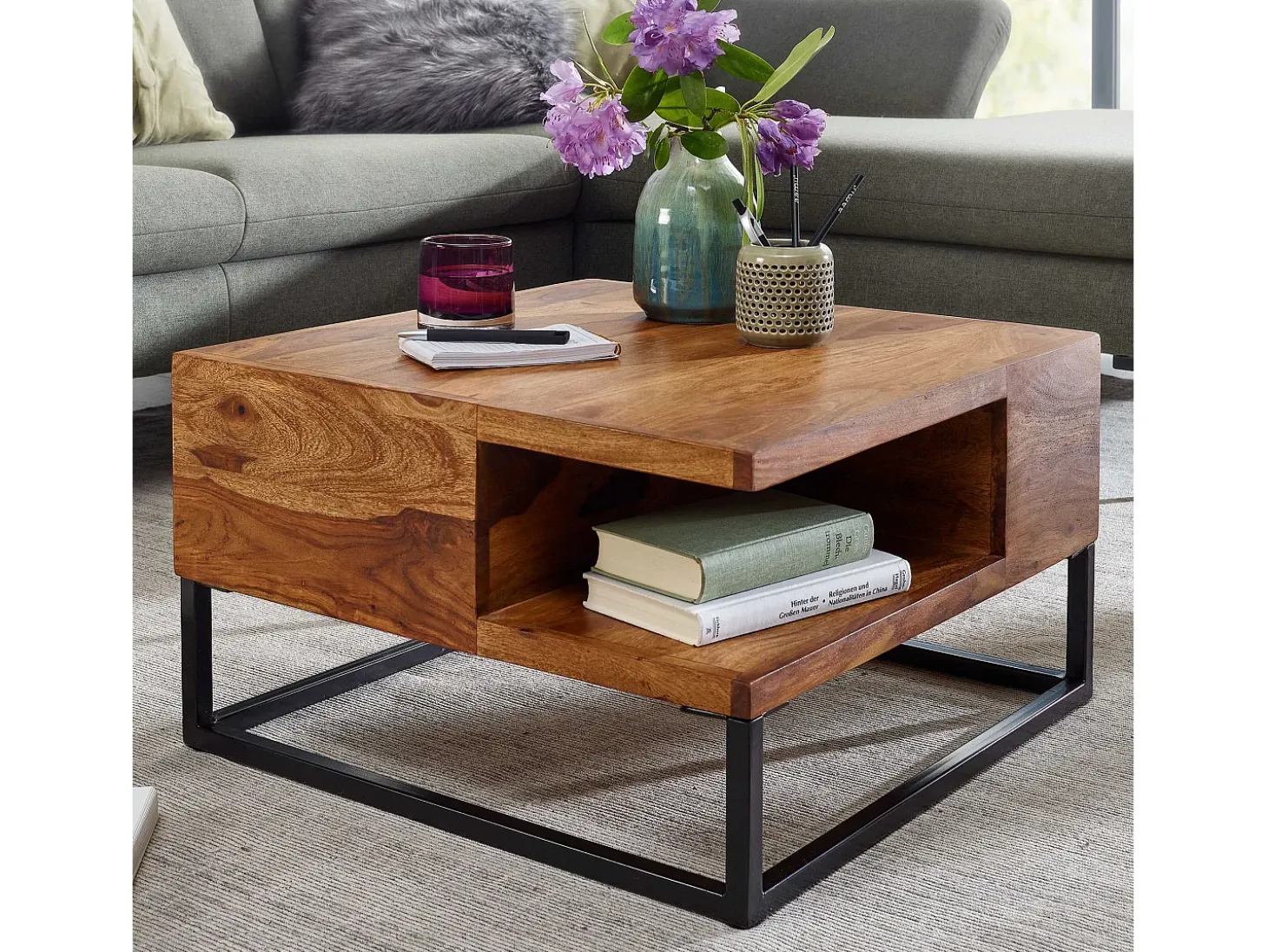 Mesa de Centro Moderna Cuadrada 60x60x34,5 cm Madera Maciza de Sheesham y Metal | Mesa Auxiliar con Estante inferior para Salón | Mesita Café Pequeña para Sofá