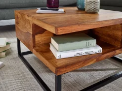 Mesa de Centro Moderna Cuadrada 60x60x34,5 cm Madera Maciza de Sheesham y Metal | Mesa Auxiliar con Estante inferior para Salón | Mesita Café Pequeña para Sofá