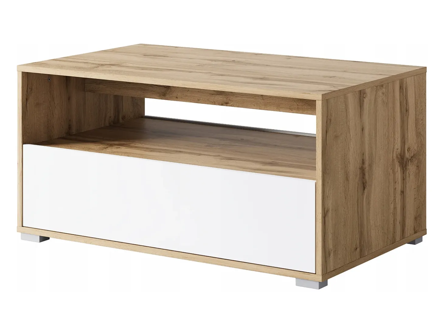 Mesa de centro moderna rectangular con estante y compartimento, 90 cm, roble wotan, blanco mate