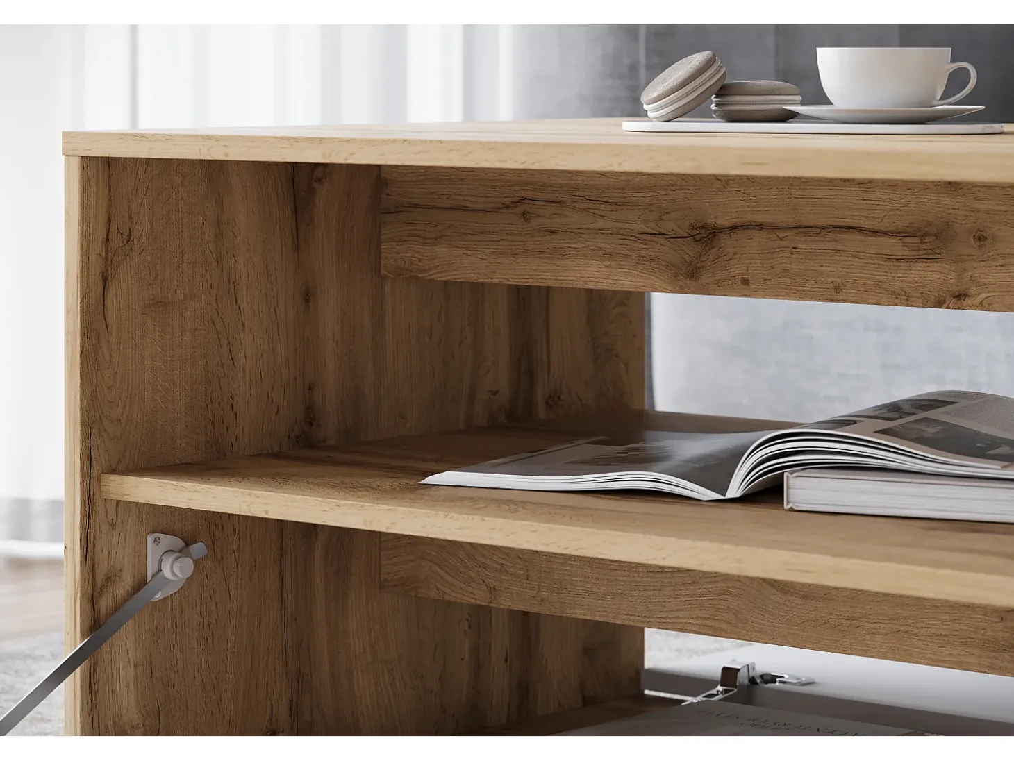 Mesa de centro moderna rectangular con estante y compartimento, 90 cm, roble wotan, blanco mate