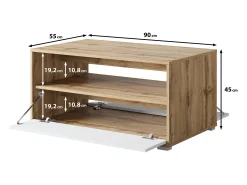 Mesa de centro moderna rectangular con estante y compartimento, 90 cm, roble wotan, blanco mate