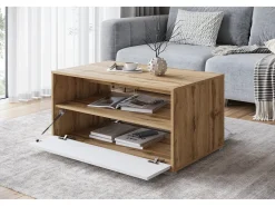 Mesa de centro moderna rectangular con estante y compartimento, 90 cm, roble wotan, blanco mate