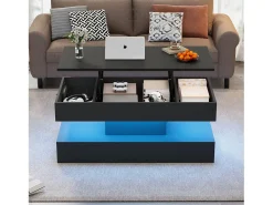 Mesa de centro moderna 100x50x42 cm - con iluminación LED - almacenamiento oculto - elevador hidráulico - negro