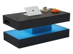 Mesa de centro moderna 100x50x42 cm - con iluminación LED - almacenamiento oculto - elevador hidráulico - negro