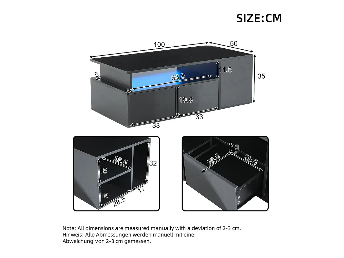 Mesa de centro negra - Mesa de centro con iluminación LED y 2 cajones - Almacenamiento abierto