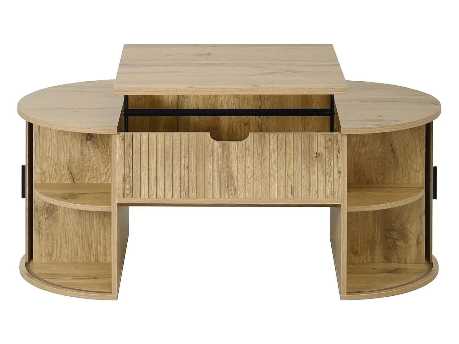 Mesa de centro ovalada elevable 100x50x40,5 cm - Estantes abiertos y almacenamiento oculto - 2 puertas correderas - MDF - Natural