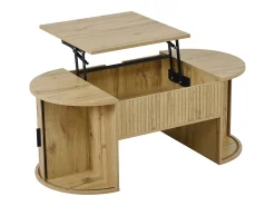 Mesa de centro ovalada elevable 100x50x40,5 cm - Estantes abiertos y almacenamiento oculto - 2 puertas correderas - MDF - Natural
