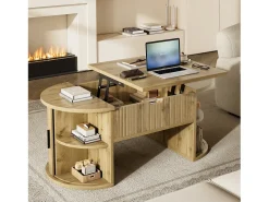 Mesa de centro ovalada elevable 100x50x40,5 cm - Estantes abiertos y almacenamiento oculto - 2 puertas correderas - MDF - Natural