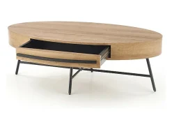 Mesa de centro ovalada 120x60 con cajón aspecto roble dorado y base de metal negro HYDRA