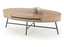 Mesa de centro ovalada 120x60 con cajón aspecto roble dorado y base de metal negro HYDRA