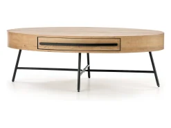 Mesa de centro ovalada 120x60 con cajón aspecto roble dorado y base de metal negro HYDRA