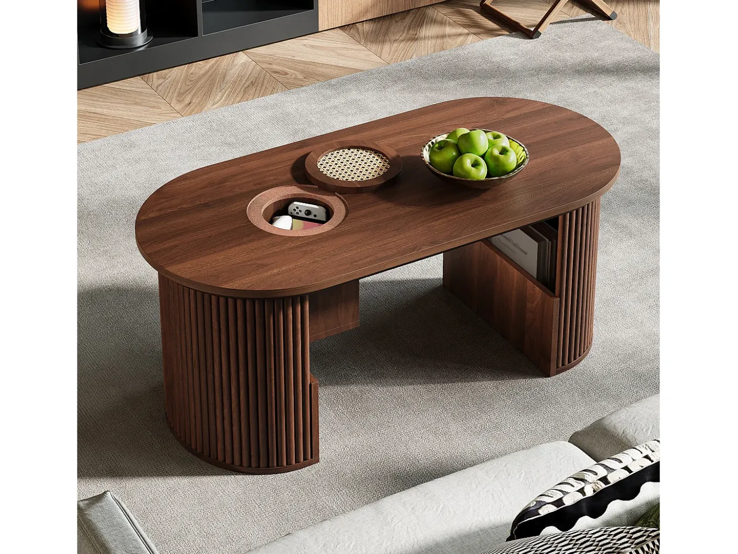 Mesa de centro ovalada 105x50x46,5 cm - Estilo retro - Almacenamiento abierto - MDF - Marrón