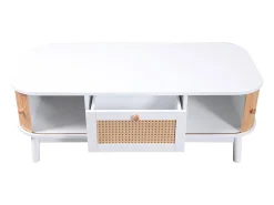 Mesa de centro para salón - decorada con ratán y madera maciza - estilo rústico - blanca
