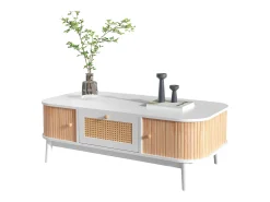 Mesa de centro para salón - decorada con ratán y madera maciza - estilo rústico - blanca