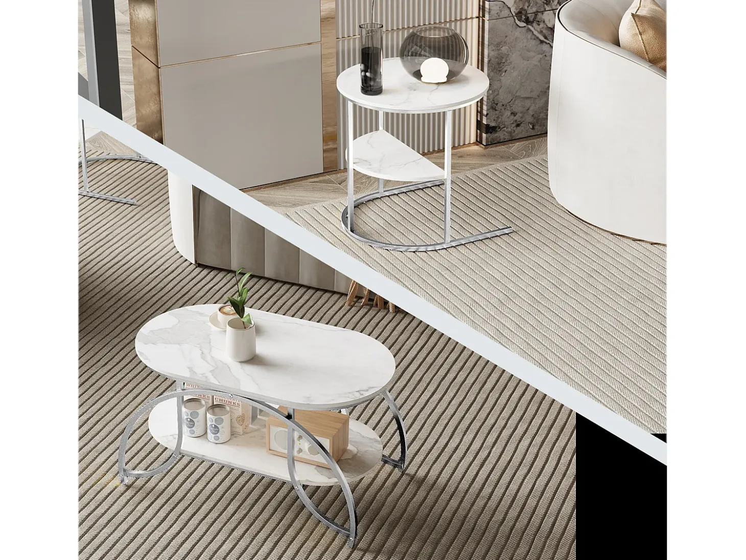 Mesa de centro pequeña minimalista moderna de mármol blanco para sala de estar, mesa auxiliar para sofá o mesa de exhibición, fácil de montar, ahorra espacio.