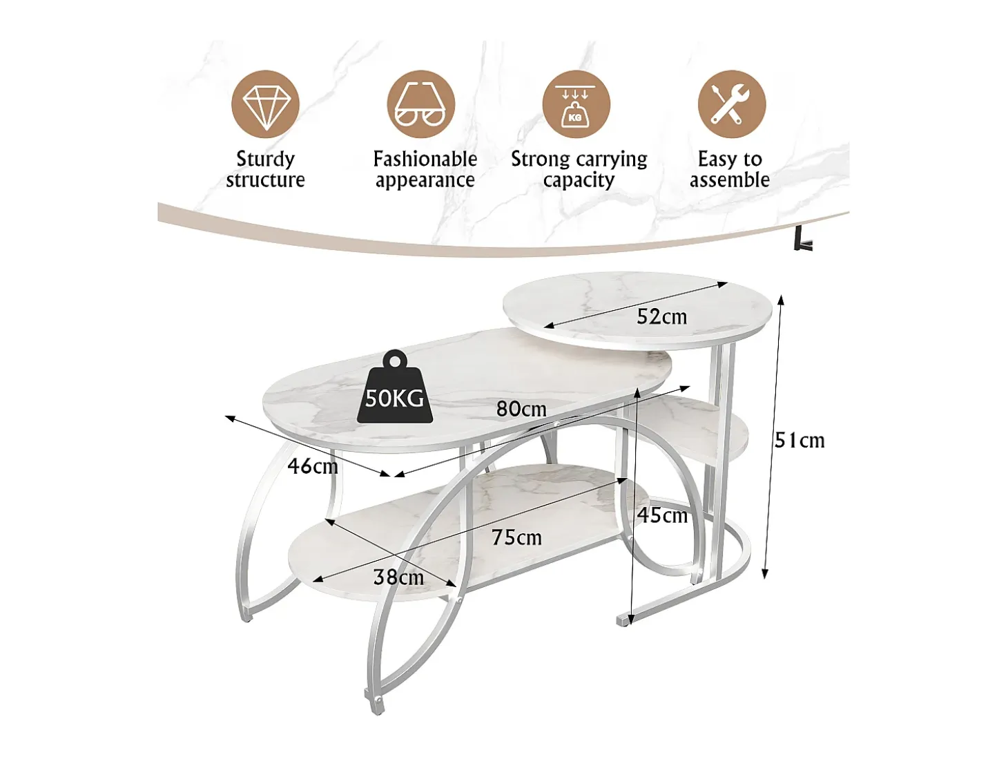 Mesa de centro pequeña minimalista moderna de mármol blanco para sala de estar, mesa auxiliar para sofá o mesa de exhibición, fácil de montar, ahorra espacio.