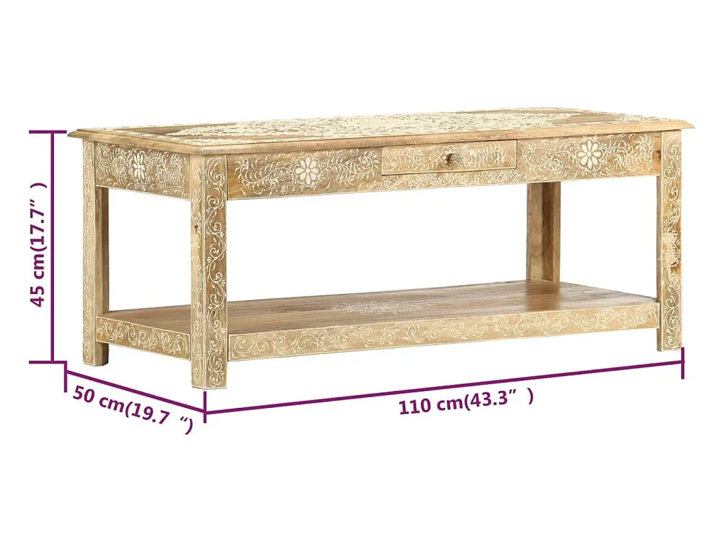 Mesa de centro pintada a mano madera maciza mango 110x50x45 cm