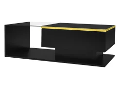 Mesa de centro rectangular 100x50x32,5cm con compartimento de almacenaje, cuerpo negro y tapa de cristal, LED incluido
