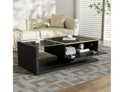 Mesa de centro rectangular 100x50x32,5cm con compartimento de almacenaje, cuerpo negro y tapa de cristal, LED incluido
