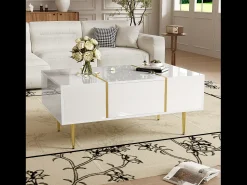 Mesa de centro rectangular 100x60x41,5cm con 2 cajones, cuerpo en laca blanca con detalles dorados